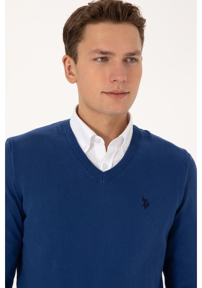 U.S. Polo Assn. Erkek Slim Fit V Yaka İndigo Basic Triko Kazak 50313662-VR028