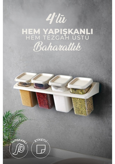 Kitchen Life 4'lü Etiketli Standlı Kendinden Yapışkanlı Kare Baharatlık Takımı - Erzak Saklama Kabı Seti Krem