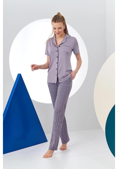 Pjs 24156 Kadın Çizgili Düğmeli Pijama Takım 001