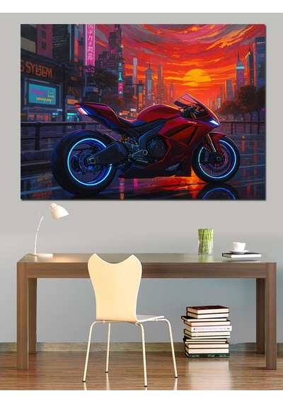 Ahşap Tablo Siberpunk Şehirde Modern Kırmızı Motosiklet