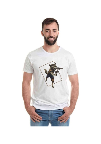 Roket Rakun Baskılı Beyaz Erkek Tshirt