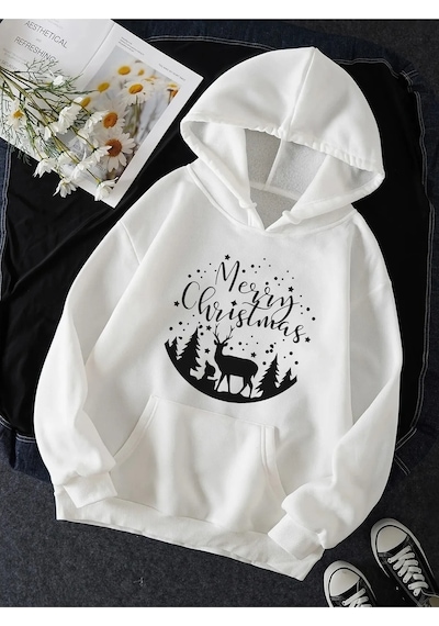 Marry Christmas Geyikli Yeni Yıl Kapşonlu Sweatshirt 001