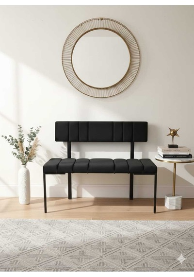Özcan Metal Metal Siyah Ayaklı Sırtlı Mutfak Salon Antre Yatak Odası Balkon Puf Bank Oturak Bench Siyah