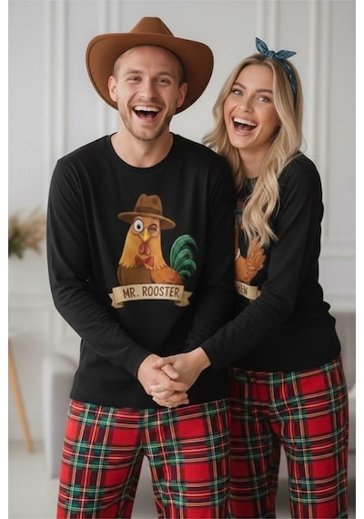 Siyah İnci Erkek Ekose Merry Christmas Baskılı Yılbaşı Temalı Örme Pijama Takım 7969 Siyah Kırmızı Ekose