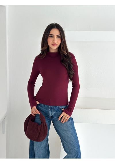 Kadın Yarım Balıkçı Yaka Parmak Geçmeli Full Likralı Buzz Body Bordo