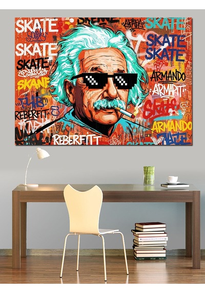 Ahşap Tablo Renkli Grafiti Tarzında Einstein Portresi