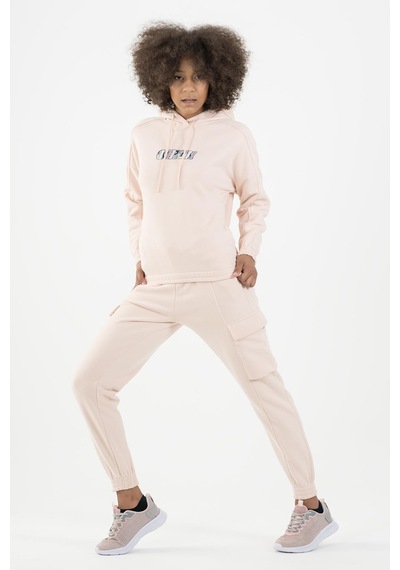 Maraton Sportswear Comfort Kadın Kapşonlu Uzun Kol Basic Pudra Sweatshirt 22973-pudra
