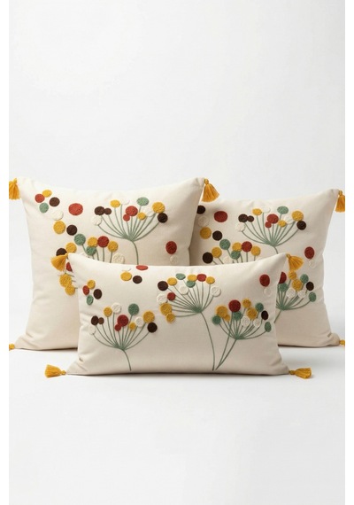 Polen Flora Punch Nakışlı 3'lü Dekoratif Kırlent Kılıfı Seti 2 Adet 42x42 Cm + 1 Adet 35x55 Cm Bej