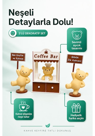 3'lü Kahve Standı Temalı Ayıcıklı Dekoratif Biblo Seti - Kahve Köşesi Aksesuarı -