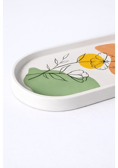 Dekoratif Art Line Stil Oval Tabak - El Yapımı Çiçek Desenli Modern Ev Dekoru 19 X 8 Cm