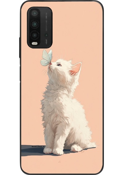 Redmi 9t Uyumlu Beyaz Kelebekli Kedi Baskılı Silikon Kılıf Renkli