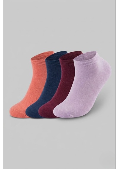Socketta 4'lü Karışık Renkli Kadın Bambu Kendinden Desenli Patik Çorap - Premium Coral-lacivert-bordo-lila