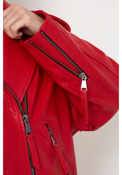 M M Marki Marki Kadın Hakiki Jumbo Deri Ceket Biker Tarz, Kemerli, Oversize, Apoletli, 65 Cm, Kırmızı - 116622x