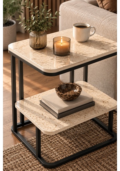 Sulorahome Ekru Traverten Desenli 2 Katlı Yan Sehpa 55 Cm