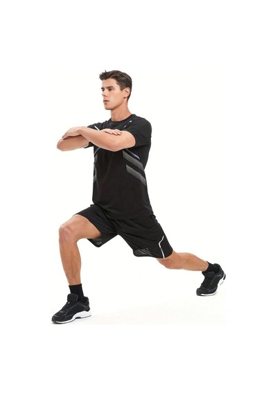 Genius Store Erkek Spor Tişört Antreman Gym Polyester Erkek Sporcu T-shirt Şeritli-tişört Siyah