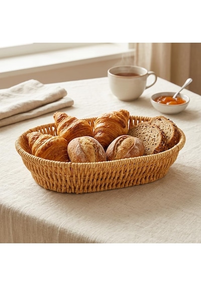 El Yapımı Doğal Hasır Sepet - Oval Ekmeklik Ve Çok Amaçlı Düzenleyici 25,50x18x6 Cm Çok Renkli