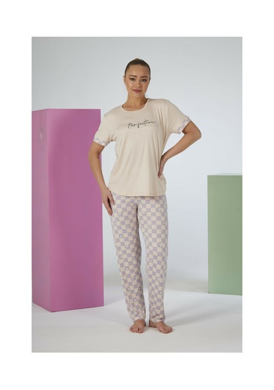 Estiva Kadın Kareli Alt Desenli Kısa Kollu Soft Pijama Takımı Bej