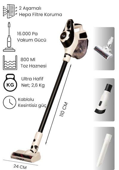 Yui KS16 2'si 1 Arada Ac Motor Toz Torbasız Hepa Filtreli Kablolu Dikey Elektrikli Süpürge