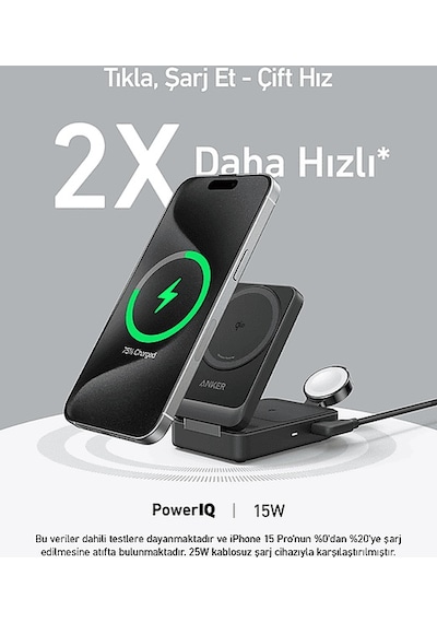 Anker Maggo Katlanabilir 3'ü 1 Arada Kablosuz Şarj İstasyonu Siyah