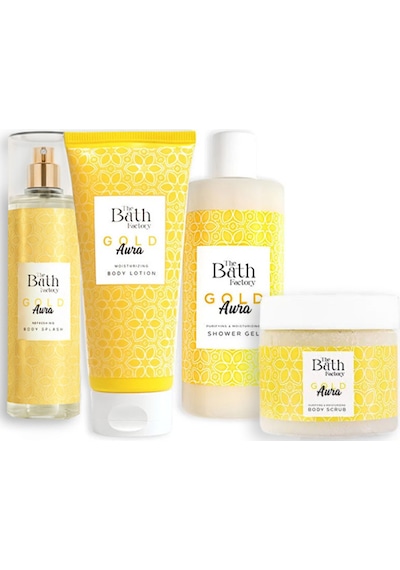 The Bath Factory Gold Aura Duş Jeli + Gold Aura Vücut Peelingi + Gold Aura Vücut Spreyi + Gold Aura Vücut Losyonu Mistik