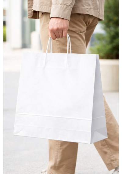 Burgu Saplı Kraft Çanta Beyaz Kağıt Poşet Butik Mağaza Hediye Tatlı Torbası 40x16x48 Cm 50li