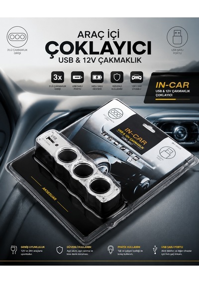 3'lü Araç Çakmaklık Çoklayıcı Usb Şarj Girişli 12v-24v Oto Çakmak Soketi Dönüştürücü