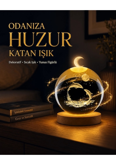 Yunus Temalı Kristal Küre Usb Işıklı Ahşap Altlıklı Gece Lambası Çok Renkli 99110492