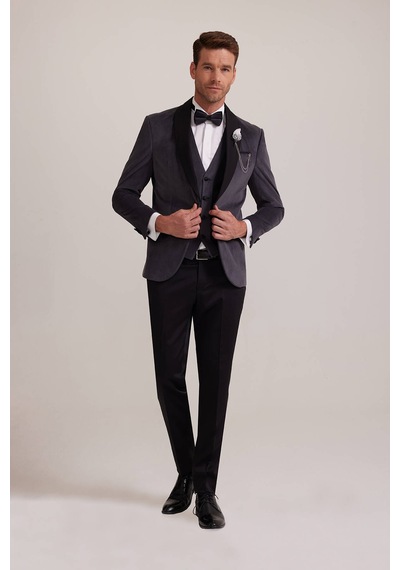 Ysf Erkek Gri Şal Yaka Yelekli Slim Fit Damatlık