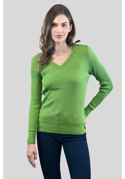 Miss Poem Kadın V Yaka Slim Fit Fitilli Uzun Kışlık Ekru Triko Kazak Yeşil