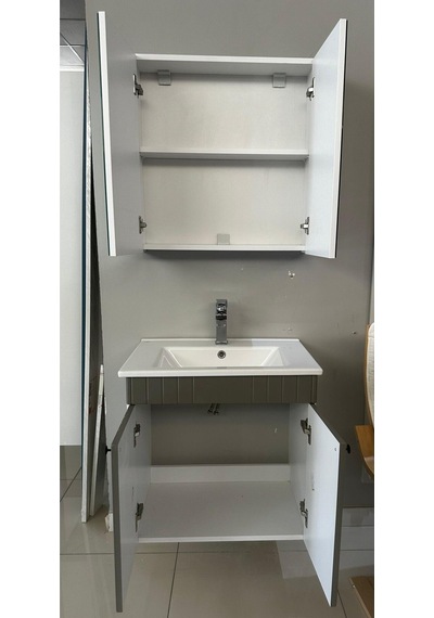 Banyo Dolabı Aynalı Cnc İşlemeli 65 Cm Gri Kulplu