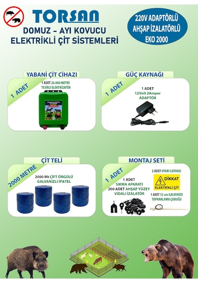 Torsan 220v Adaptörlü Eko 2000 Elektrikli Çit Sistemi Domuz - Ayı Kovucu 2000mt