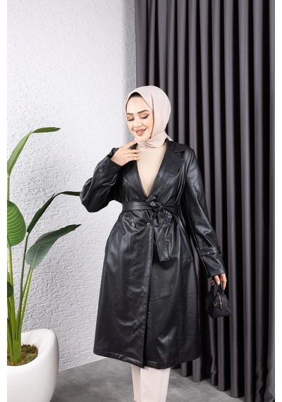 Harman Butik Kadın Deri Cepli Kuşaklı Trençkot Siyah Siyah