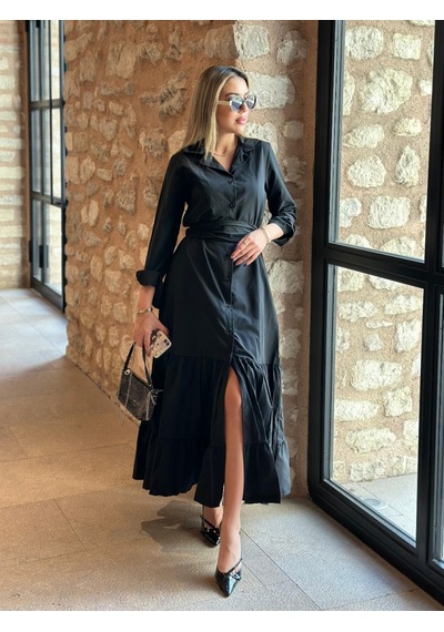 Alyn Wear Kadın Uzun Kollu Eteği Fırfırlı Beli Kuşaklı Trikoton Tam Boy Gömlek Elbise Siyah
