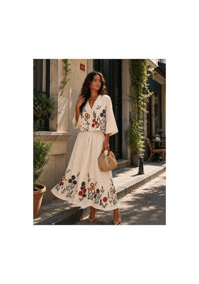 Asur Boutique Asur Butik Kadın Krem Çiçek Nakışlı Yelek Etek Takım Bohem V Yaka Dokuma 2'li Yazlık Takım Bej