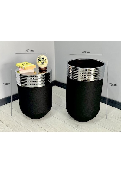 Elegant Dekoratif Krom Darbuka Siyah Saksı 70cm + Sehpa 60cm İkili Set