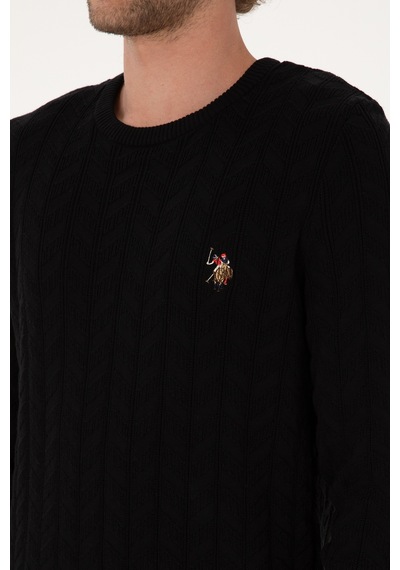 U.S. Polo Assn. Erkek Slim Fit Bisiklet Yaka Desenli Siyah Kazak 50307836-VR046