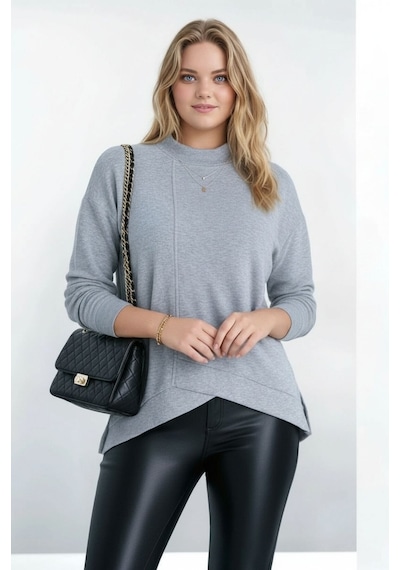Mamayaga Kadın Yarım Dik Yaka Asimetrik Kesim Uzun Kol Büyük Beden Curve Sweatshirt Gri