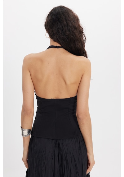 Tudors Kadın Slim Fit Dar Kesim %100 Pamuk Boyundan Bağlamalı Sıfır Kol Siyah Bluz-50552