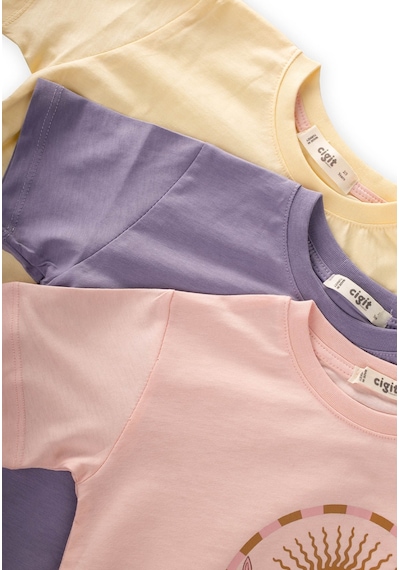 Cigit Üçlü Set Kız T-shirt 2-10 Yaş Lila Sarı Pudra