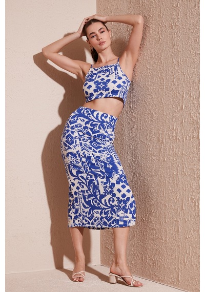 Lela Slim Fit Ip Askılı Yırtmaçlı Midi Alt-Üst Bayan Takım 5865726 Saks