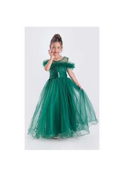 Mnk Baby & Kids Uzun Etek Kız Çocuk Robası Şifon Abiye M00723 Yeşil