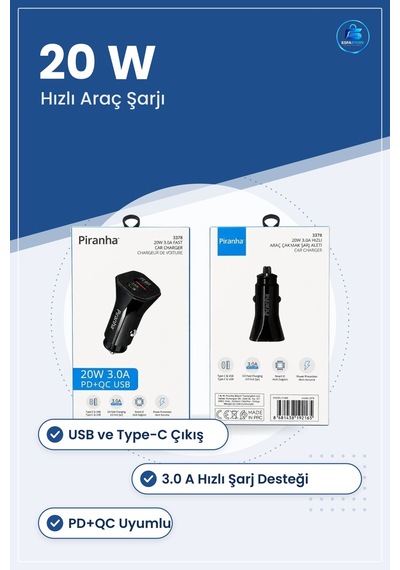 Araç Şarj Cihazı 20 W Hızlı Pd Qc Usb Type C 3.0a Çakında Aleti M