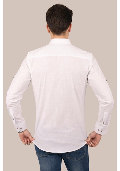 Beyaz Yaka Düğmeli Keten Slimfit Hediye Kutulu Erkek Gömlek Beyaz