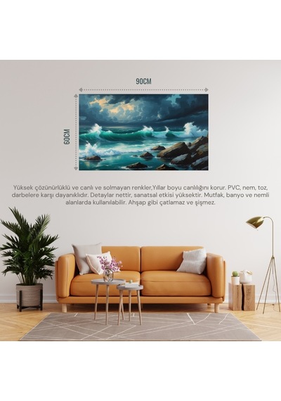Doğa Ve Manzara Yatay Kayalara Çarpan Güçlü Okyanus Dalgaları, Dramatik Gökyüzü 01 Çerçevesiz 90x60cm Pvc Tablo