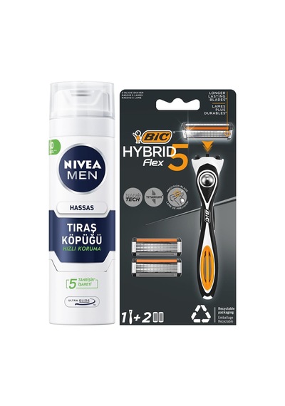Men Erkek Hassas Tıraş Köpüğü 200 Ml + Bıc Hybrid 5 Flex Erkek Tıraş Bıçağı 1 Sap Ve 2 Yedek Başlık 5 Bıçak