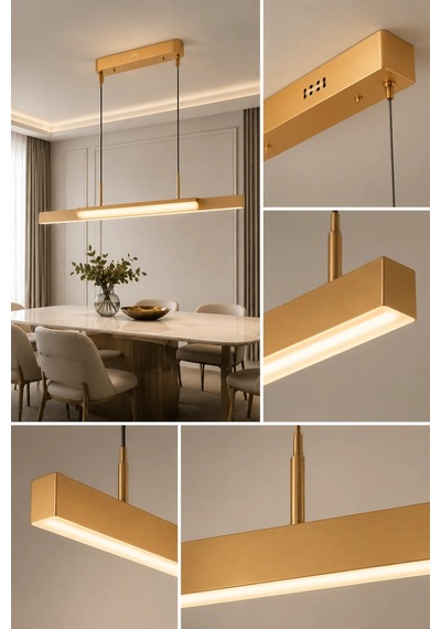 Modern Premium Led Sarkıt Avize Gold Kasa Lineer Yemek Masası Mutfak Ve Salon Avizesi 40w 3 Renk Beyaz