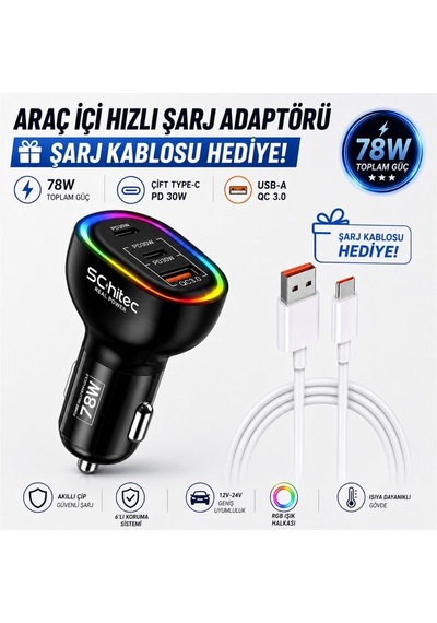 Schitec 3 Portlu Araç Şarj Aleti Ve 6a 120w Usba To Type-c Hızlı Data Ve Şarj Kablosu Beyaz