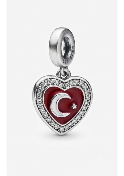 .kadın Taş Detay Sallantılı Kalp İçinde Türk Bayrağı Model Gümüş