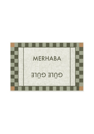 Kartela Halı Merhaba Güle Güle Damalı Kapı Paspası Adaçayı Yeşili Kaymaz Kauçuk Taban 50x75 Cm