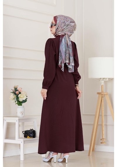 Sevitli Kemerli Tensel Elbise-bordo-5035 Bordo